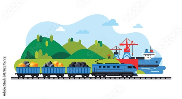 Obraz Flat vector of train transporting mined materials from quarry to port, industrial logistics and export theme