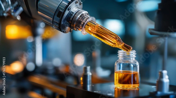 Fototapeta Robotic sample processor in action no faces visible laboratory automation efficient testing pharmaceutical industry high tech facility equipment defocused throughout with