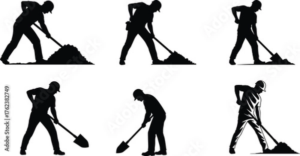 Fototapeta WebDigging worker silhouettes, manual labor with shovels, black figures in motion, soil excavation, construction effort, ergonomic posture, industrial work scene