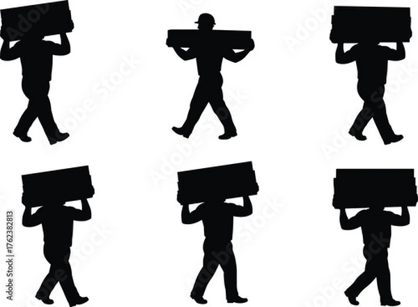 Fototapeta WebManual labor silhouettes, workers carrying boxes, industrial movement, ergonomic posture study, black figures walking, helmet safety, transportation effort, teamwork motion