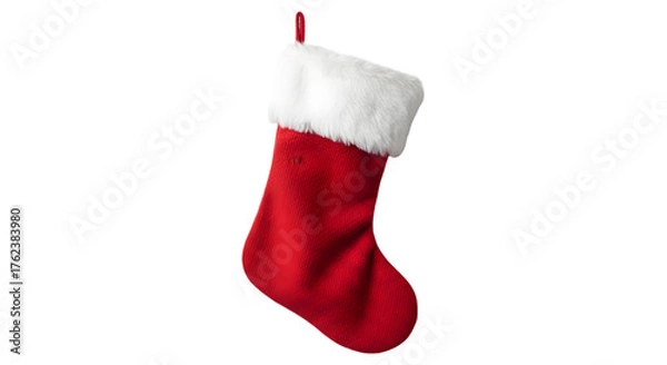 Fototapeta Classic red christmas stocking with white fur trim isolated on transparent background