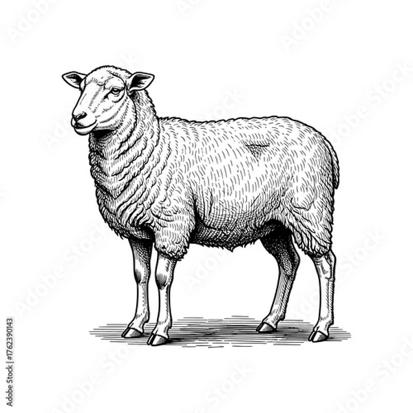 Fototapeta Classic engraving line art of a full-body sheep with curly wool texture, detailed etching lines, vintage 18th-century copperplate illustration style.