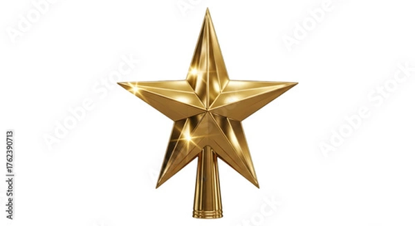 Fototapeta Golden star tree topper isolated on transparent background for christmas tree