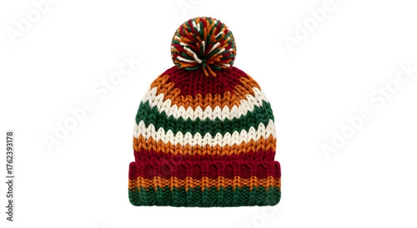 Fototapeta Colorful knit hat with pompom isolated on transparent background for winter wear