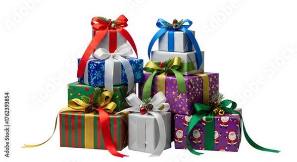 Fototapeta Pile of colorful gift boxes isolated on transparent background, tied with ribbons