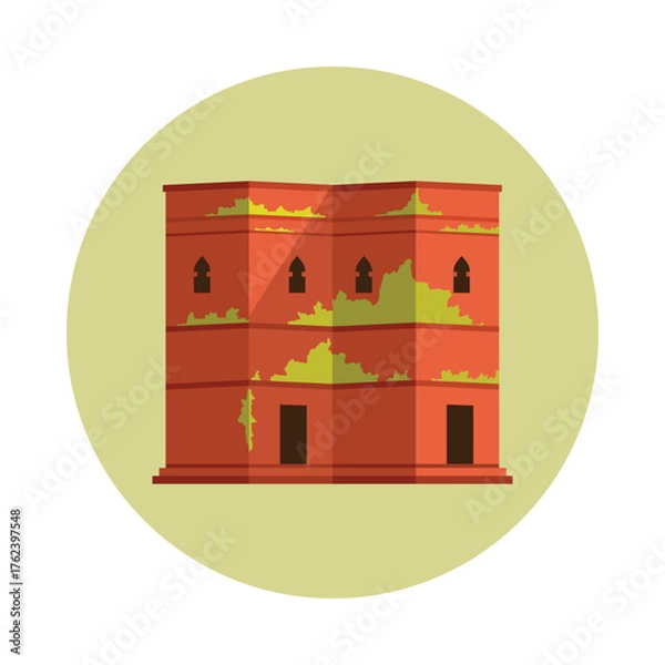 Fototapeta Old African fortress building with arched windows and overgrown plants, isolated on white vector illustration