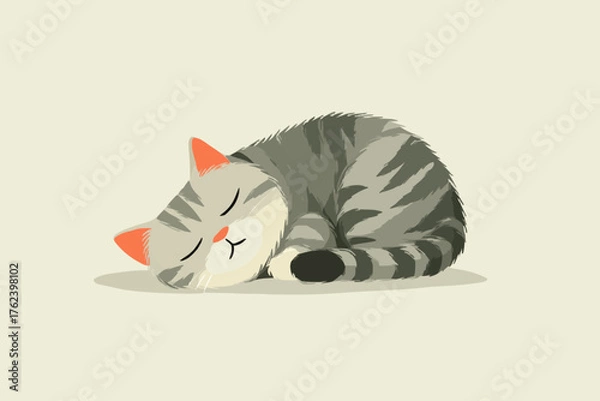 Fototapeta Vector Cute Flat Style SVG Illustration of Sleeping Cat with Gray Stripes in Minimalist Design for Web and Digital Use