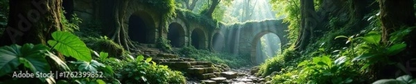 Fototapeta Sun-Dappled Jungle Ruins Ancient Stone Structures Reclaimed by Lush Rainforest Foliage,  Illuminated by Sunlight Filtering Through the Canopy, Evoking a Sense of Mystery and Decay.
