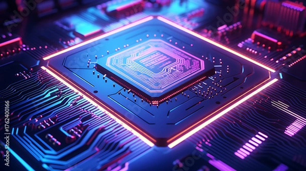 Fototapeta Sleek futuristic glowing processor chip embodies innovation, powering AI, advanced computing & technology trends