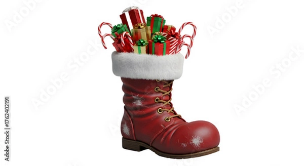 Fototapeta Santas boot filled with gifts isolated on transparent background