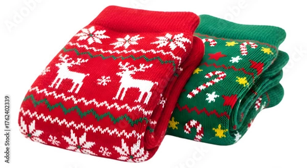 Fototapeta Stack of red and green christmas socks isolated on transparent background