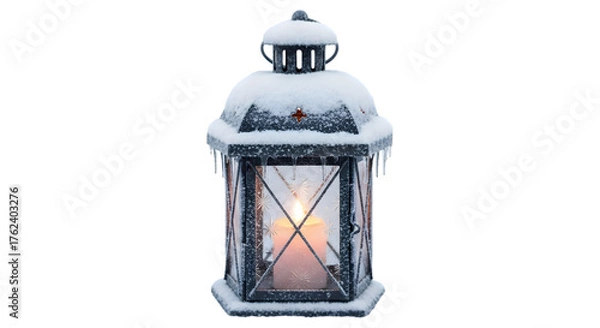 Fototapeta Snowy lantern with candle isolated on transparent background, a festive winter decoration