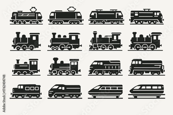 Fototapeta A set of silhouettes of different types of trains, including steam locomotives, electric trains, diesel trains, and high-speed trains (e.g., maglev).