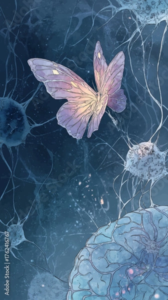 Fototapeta Glowing butterfly hovering above luminous neural brain symbolizing organoid intelligence, consciousness, and biotechnology fusion in surreal cosmic background for presentation and design.