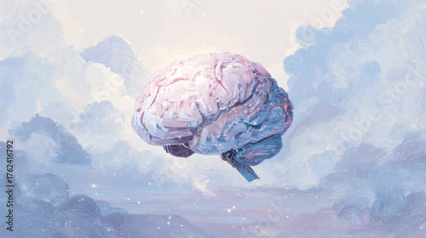 Fototapeta Futuristic pastel circuit brain floating in luminous sky clouds symbolizing organoid intelligence, cognitive computing, and biotechnology fusion background for innovative presentation design.