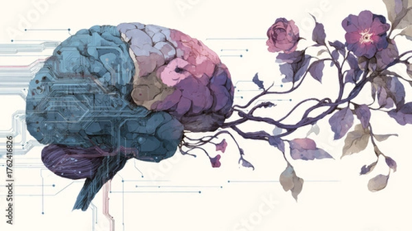 Fototapeta Human brain merging with floral branches and neural circuits representing organoid intelligence, biological computing, and harmony of technology with nature in elegant watercolor style.