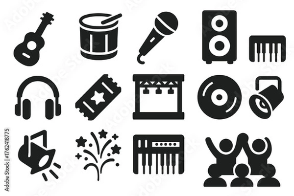 Fototapeta Festival Icon Set. Solid style icons of Music Festival: Guitar, Drum, Microphone, Speaker, Headphones, Ticket, Stage, Vinyl,