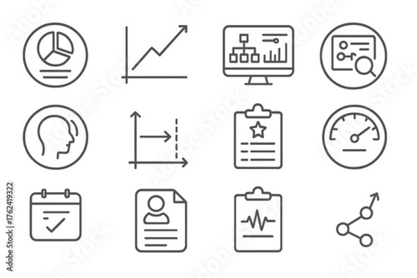 Fototapeta Strategy Icons Collection. Line style round icons of strategy review: KPI report, progress graph, audit file, strategy dashboard;