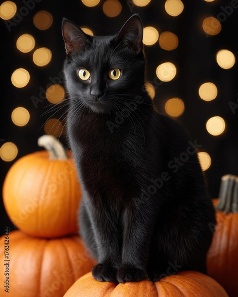 Fototapeta Black cat sitting among pumpkins with glowing bokeh lights in the background
