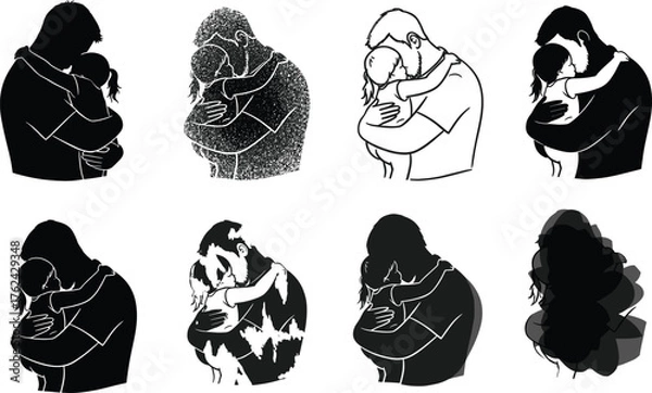 Fototapeta WebFather hugging child silhouettes, emotional family bond, love unity, parent child relationship, artistic textured styles, care support illustration