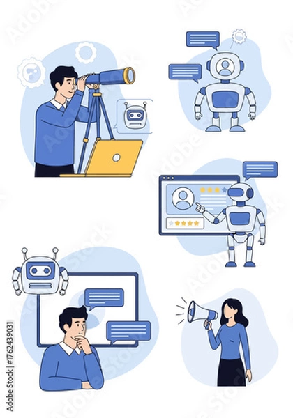 Fototapeta People and robots interacting with technology for business and communication.