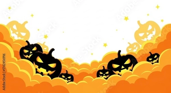 Obraz Spooky Halloween pumpkins with glowing eyes in orange clouds and twinkling stars create a festive, fun, and eye-catching invitation or banner design
