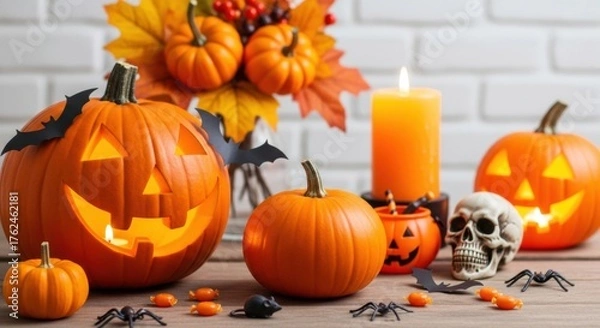 Obraz Spooky Halloween night scene with glowing jack-o'-lanterns, skull, candy, spiders, and bats for festive autumn celebrations and trick-or-treating fun