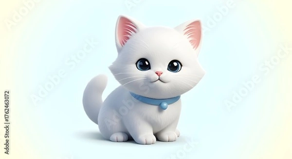 Fototapeta Adorable 3D Rendered White Kitten Character with Big Blue Eyes and Collar