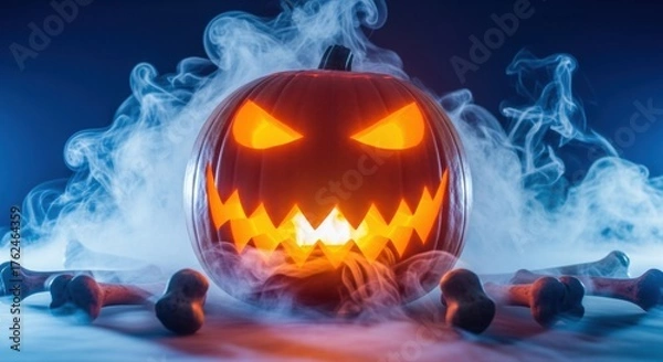 Obraz Spooky Jack-o'-Lantern glowing ominously with fog and bones around it, perfect for Halloween events, haunted houses, and scary seasonal promotions