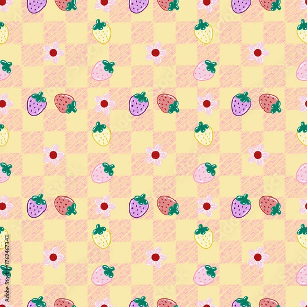 Fototapeta seamless pattern of strawberries and small flowers on pink gingham background
