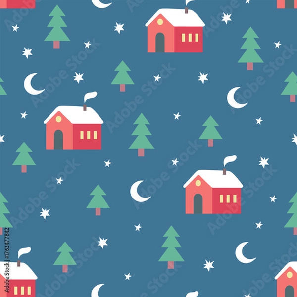 Obraz Vintage winter seamless pattern with cute houses stars trees and snowflakes. Cute Christmas design, Scandinavian style background. Vector illustration	