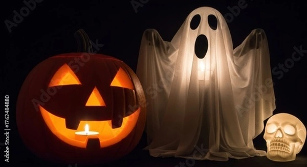 Obraz Spooky glowing jack-o'-lantern, ghost, and skull create a fun Halloween vibe for parties, decorations, and holiday celebrations during autumn season