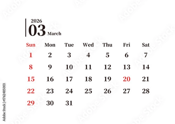 Obraz 2026年3月のシンプルな日本の月間カレンダー 日曜始まり