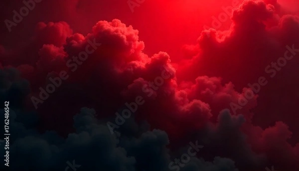 Fototapeta Dramatic red sky with ominous dark clouds at twilight