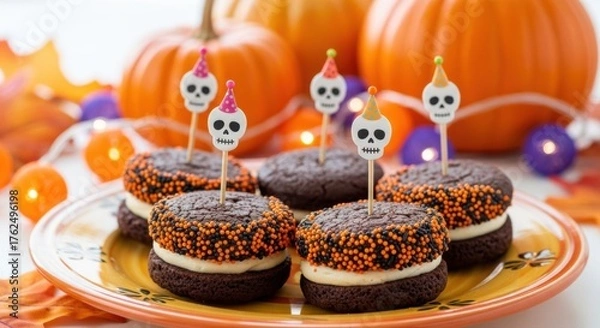 Obraz Spooky Halloween treats for a fun party! Indulge in delicious chocolate cookies with orange sprinkles and skull decorations for a memorable holiday gathering.