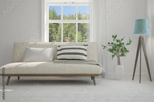 Fototapeta Idea of white room with sofa and summer landscape in window. Scandinavian interior design. 3D illustration
