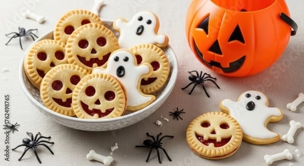 Obraz Delightful Halloween treats of festive jack-o'-lantern and ghost cookies with spooky spiders, perfect for seasonal fun and party themes