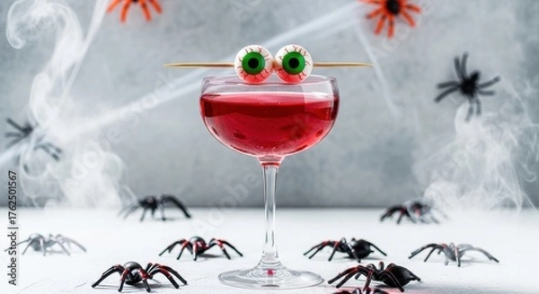 Obraz Spooky Halloween cocktail with eyeball garnish and spider decorations, a fun and festive drink for parties and themed events, a creepy celebration