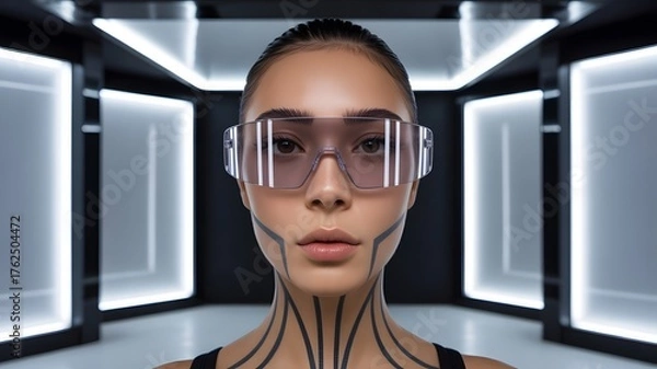 Fototapeta Futuristic woman with cybernetic markings and visor in glowing modern space