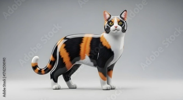 Fototapeta Stylized 3D Render of a Calico Cat with Glossy, Smooth Texture