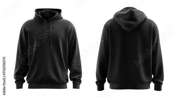 Fototapeta Blank black hoodie template. Hoodie sweatshirt long sleeve with clipping path, hoody for design mockup for print, isolated on white background.