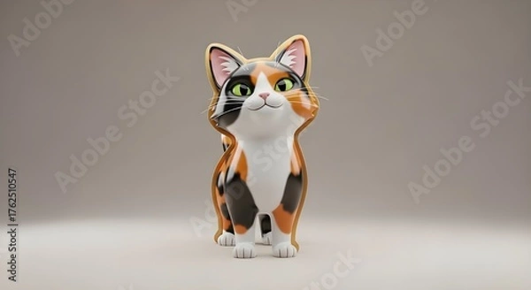 Fototapeta Cute Stylized 3D Calico Cat Character Standing and Smiling