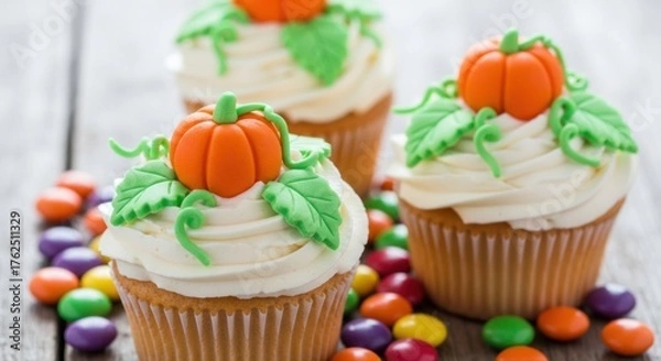 Obraz Delightful pumpkin cupcakes with creamy frosting create a festive fall mood for your Halloween or Thanksgiving themed party and sweet treats campaign