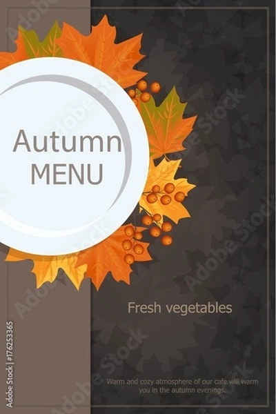 Obraz Autumn menu. Plate with yellow leaves Rowan. On a wooden table.