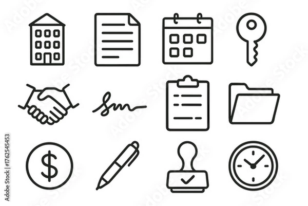 Fototapeta Lease Agreements set of icons in doodle hand-drawn vector style: apartment building, contract paper, calendar, key, handshake, signature, clipboard, folder, money symbol, pen,