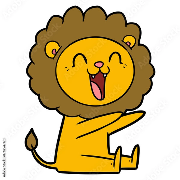Obraz Joyful cartoon lion with a big laugh, sitting happily with open arms