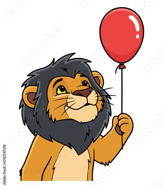 Obraz Joyful cartoon lion cub holding a red balloon, looking up with a happy expression