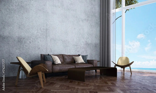 Fototapeta The interior design of lounge and living room and white wall texture and sea view / 3D rendering new scene new mode
