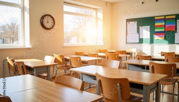 Fototapeta Empty classroom with wooden desks and sunlight filtering through windows  