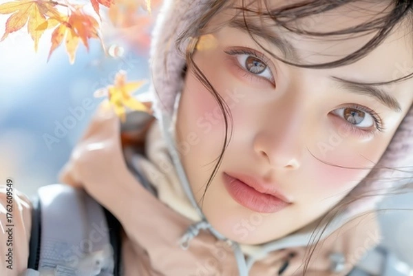 Obraz 紅葉の中トレッキングをする若い日本女性